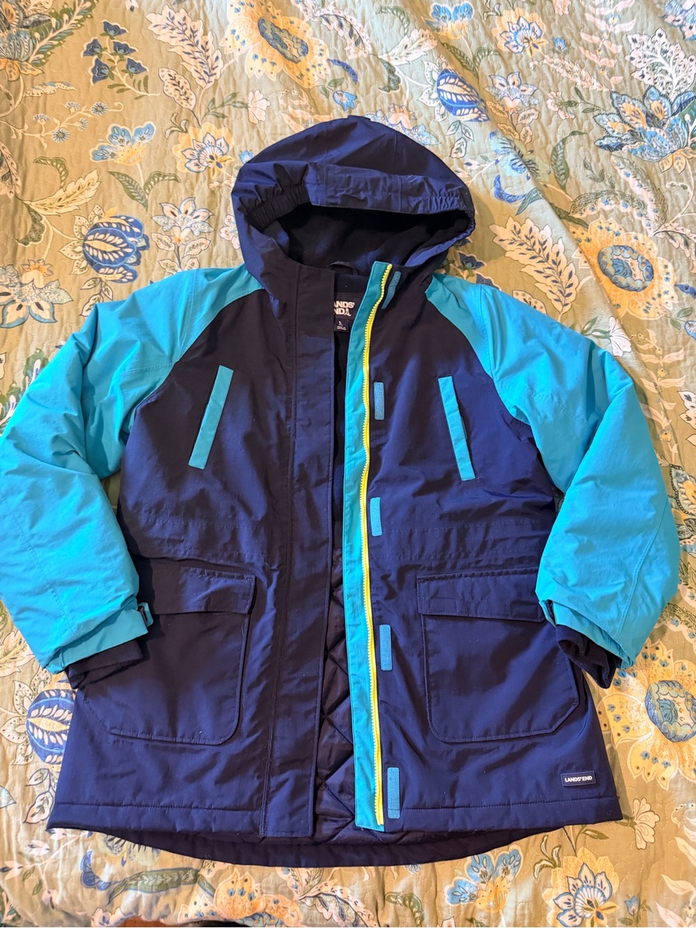 Lands' End Colorblock Kids Winter Jacket in Navy and Teal